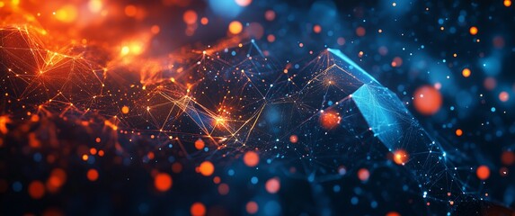 Abstract Futuristic Background with Polygonal Shapes and Glowing Lights in Dark Blue, Orange, and Red - Big Data Technology Concept