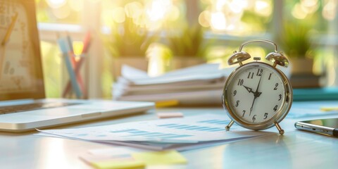 Office desk with clock and business documents, highlighting timing of plans.