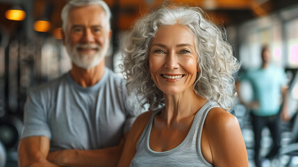 Fototapeta premium senior woman man exercise gym fitness couple sport healthy elderly health training active happy portrait old fit mature female adult workout body vitality.