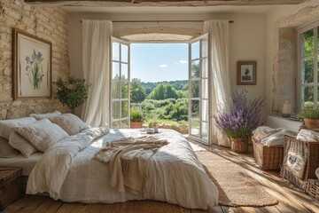 Sun shining through bedroom french doors in converted barn