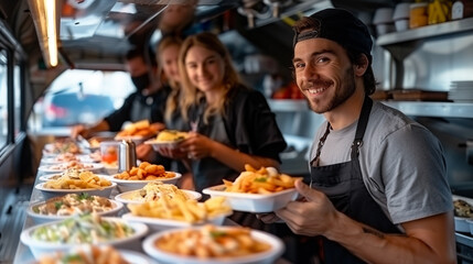 Obraz premium people ordering food at counter in food truck outdoor, day time.