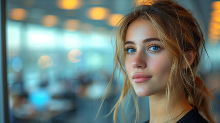 Obraz premium a young elegant businesswoman looking thought big glass windows at meeting room in office tower.