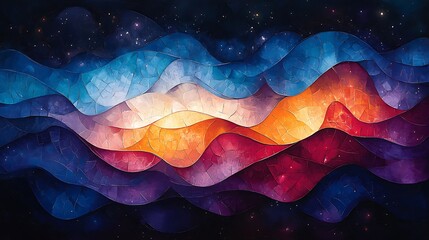 Abstract art with layered waves of blue, white, orange, and red hues against a dark blue starry background.