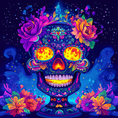 Skull Shaped Lava Lamp with Glowing Colorful Blobs and Flowers - Floral Shadows Days Of The Dead - Vibrant and Symbolic Illustrations
