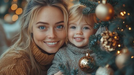 Mother and little son put up the Christmas tree together