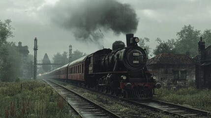 Obraz premium Old steam train leaving station on rainy day