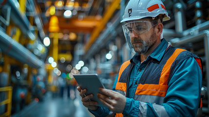 Engineer wearing safety uniform and helmet looking at camera and holding tablet inside of oil refinery factory.