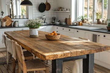 Sunlight illuminating rustic kitchen table with flowers and oranges