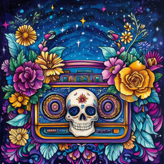 Obraz premium Skull Shaped Boombox Playing Music Surrounded by Flowers - Floral Shadows Days Of The Dead - Vibrant and Symbolic Illustrations 