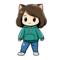 Cute chibi girl with cat ears raises one hand, dressed in an emerald hoodie, jeans, and white sneakers.