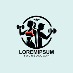 Fitness Center logo. Sport and fitness logo Design . Gym Logo Icon Design Vector Stock, or emblem with woman and man silhouettes.