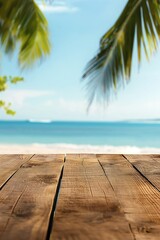 Fototapeta premium Wooden table on beach deck with palm tree background. Serene ocean view with blue sky and green grass. Perfect spot for outdoor dining or relaxation. Ideal for product display or advertising campaign.