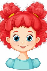 Fototapeta premium A whimsical cartoon featuring a joyful girl with vibrant pink hair, donning a cheerful clown costume against a crisp white backdrop.