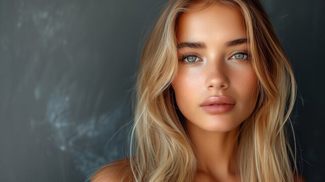 Fashionable blonde woman with straight long shiny hair on a dark grey background with copy space. Banner. Beauty, health and hair care. Hair product advertising concept.