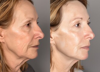 Side-by-side comparison of a woman's face, before and after an apparent beauty treatment, showcasing smoother skin and reduced wrinkles on the right side.
