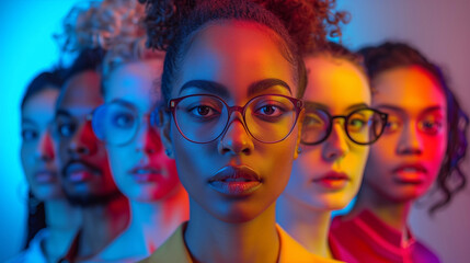 Obraz premium Cropped portraits of group of people on multicolored background in neon light.