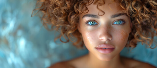 Model girl with shiny smooth healthy hair with curly hair and glowing, tan skin natural beauty smooth skin for Care, and hair and skin care products