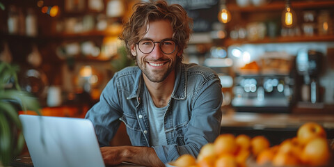 Obraz premium Home Office : Happy young man looking while using laptop at cozy home office.bright white tone.