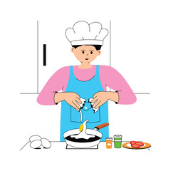 A chef expertly fries eggs in a pan, egg frying flat illustration