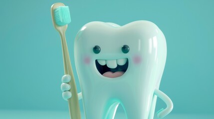 3d illustration of cute cartoon tooth character holding a toothbrush and giving a thumbs up on a green background
