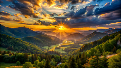 Scenic mountain landscape with vibrant sunset
Lush green valley and rolling hills at sunrise
Dramatic sky over a peaceful mountain village
Beautiful natural landscape with a winding river
Peaceful mou