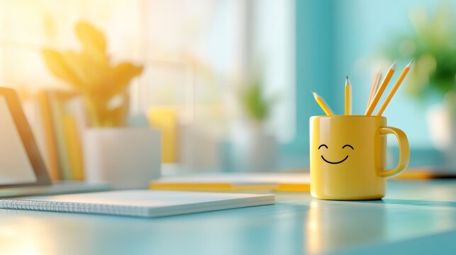 Smiling Yellow Mug with Pencils on Blue Desk