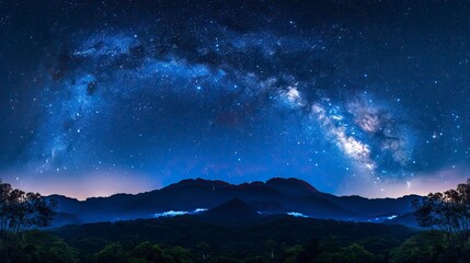 Naklejka premium Panorama blue night sky milky way and star on dark background