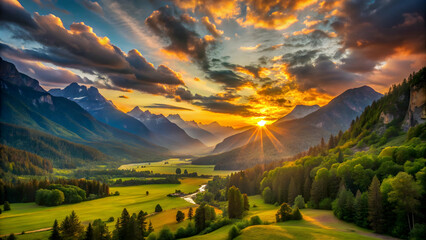 Fototapeta premium Scenic mountain landscape with vibrant sunset Lush green valley and rolling hills at sunrise Dramatic sky over a peaceful mountain village Beautiful natural landscape with a winding river Peaceful mou