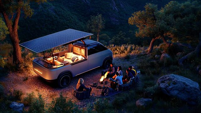 Futuristic solar-powered vehicle parked in nature with group camping around a fire. Concept of sustainable travel and outdoor adventure.