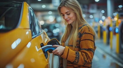 Woman charging her electric car in winter
