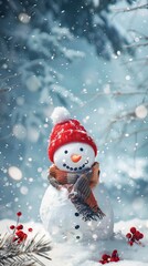 Fototapeta premium Panoramic view of happy snowman in winter secenery with copy space