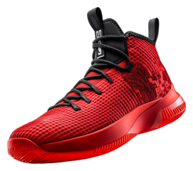 High-performance basketball shoes in vibrant red colorway on display isolated on transparent background