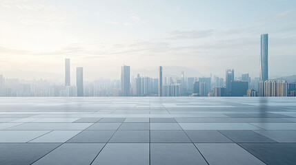 Fototapeta premium Empty square floor with a city skyline background, white sky and sunlight