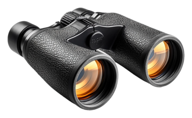 Black binoculars for outdoor and wildlife observation isolated on transparent background