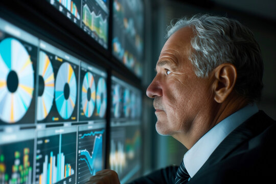 Mature businessman looks at digital data analysis displayed on screens, reflecting strategy and planning


