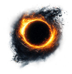 Fiery black hole in cosmic space surrounded by swirling dust isolated on transparent background