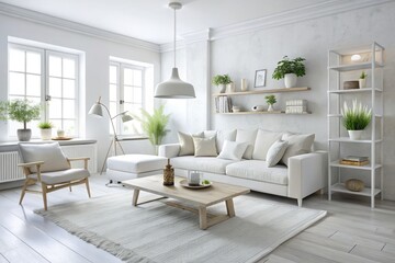 Fototapeta premium * A living room's minimalist charm is enhanced by washed-out white furnishings and decor, producing a clean and
