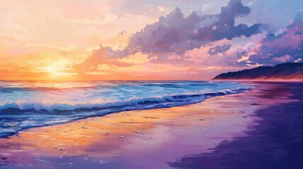 Fototapeta premium Breathtaking Sunset Over Serene Beach Landscape with Crashing Waves and Colorful Sky