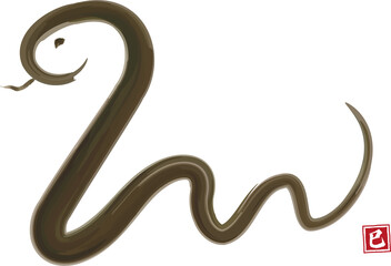 手描きのヘビの墨絵・水墨画、筆のイラスト