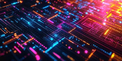 Obraz premium Dazzling Digital Background with Vibrant Geometric Patterns and Luminous Techno Grid