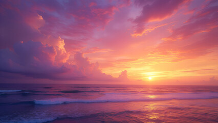 Purple, orange and yellow sky over the sea - Fantasy vibrant panoramic sunset sky - Gradient rich colors - ethereal dreamy summer sunset or sunrise sky. Uplifting and peaceful sky