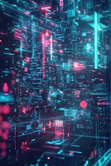 Futuristic Digital Cityscape with Neon Lights and Cyber Atmosphere