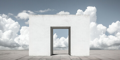 Wall with open door overlooking sky with clouds. Entrance to the kingdom of heaven. Minimalistic symbolic conceptual photo