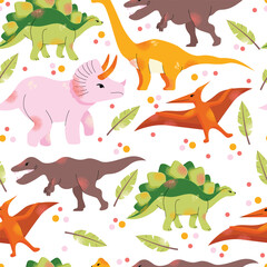 Dinosaur vector clipart seamless pattern. Children's collection with cute dinosaurs and various elements. Dino baby. Colorful cute illustration isolated on background