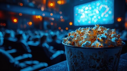 People are immersed in a movie experience, savoring popcorn in a warm, dim setting