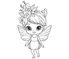 Coloring page of a cute fairy silhouette line art vector 