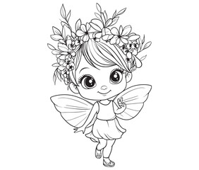 Coloring page of a cute fairy silhouette line art vector 