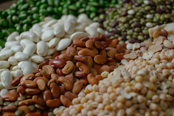 Sources of vegetable protein. Beans, nuts and other nutritious ingredients are framed.


