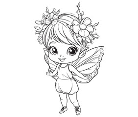 Coloring page of a cute fairy silhouette line art vector 