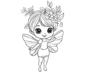 Coloring page of a cute fairy silhouette line art vector 